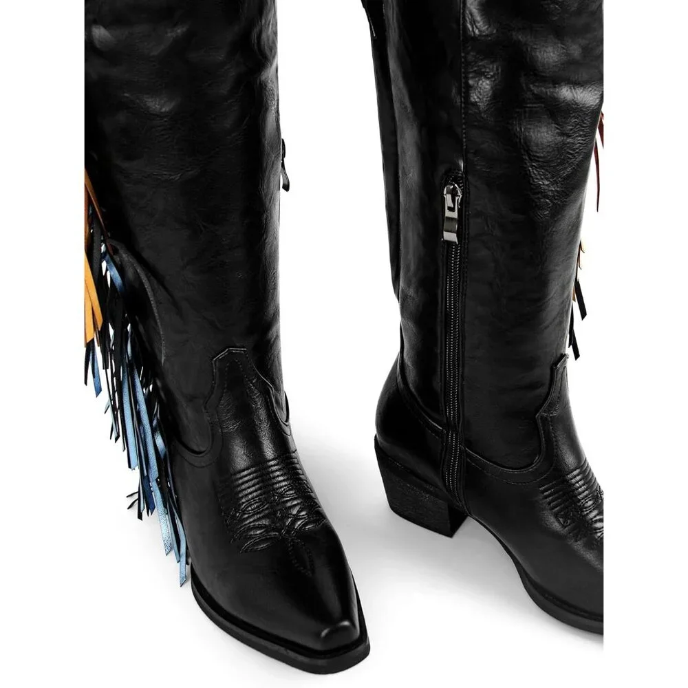 Women Black Polyurethane Pointed Toe Fringe Adjustable Thigh High Cowgirl Boot